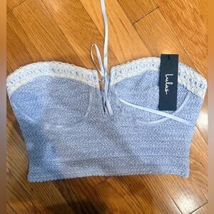 Lulus Blue Smocked Bustier Top S – Lace Trim Crop Top NWT